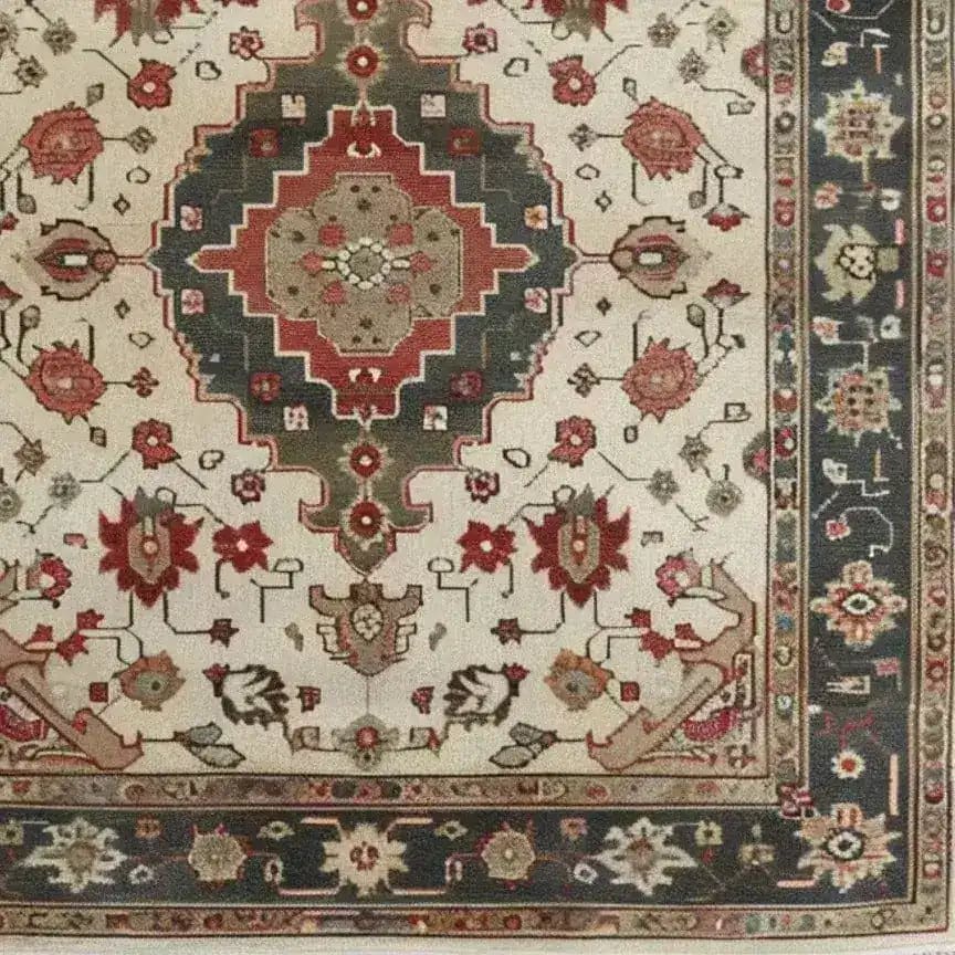 This is a detailed view of an ornamental floral hand-knotted area rug, showcasing intricate Persian-inspired designs with a vintage charm. The rug features a central medallion surrounded by rich floral patterns, making it a perfect addition to any living room setting. Its 8x10 size ensures it covers a substantial floor area, providing both style and comfort to your space.