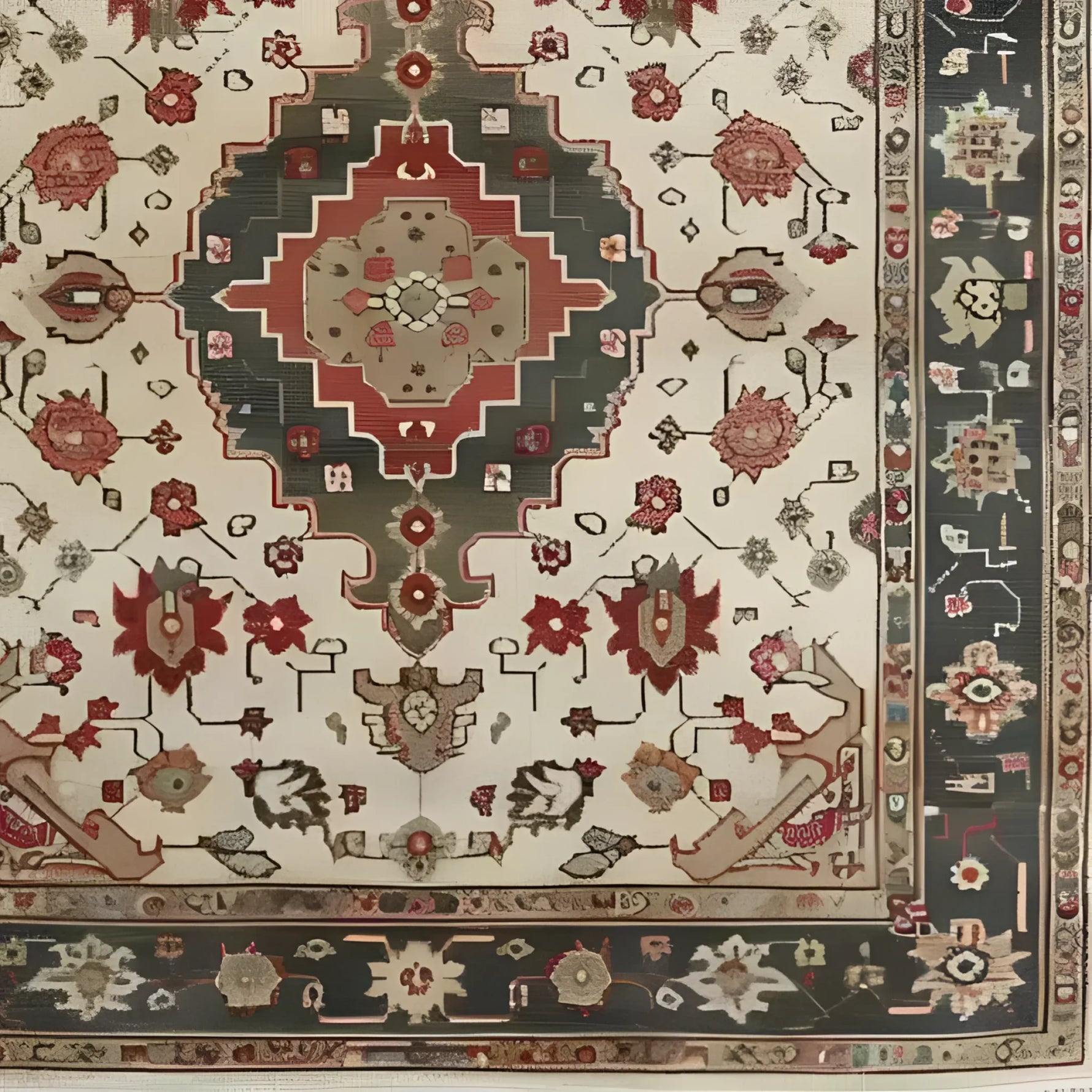 This is a detailed view of an ornamental floral hand-knotted area rug, showcasing intricate Persian-inspired designs with a vintage charm. The rug features a central medallion surrounded by rich floral patterns, making it a perfect addition to any living room setting. Its 8x10 size ensures it covers a substantial floor area, providing both style and comfort to your space.