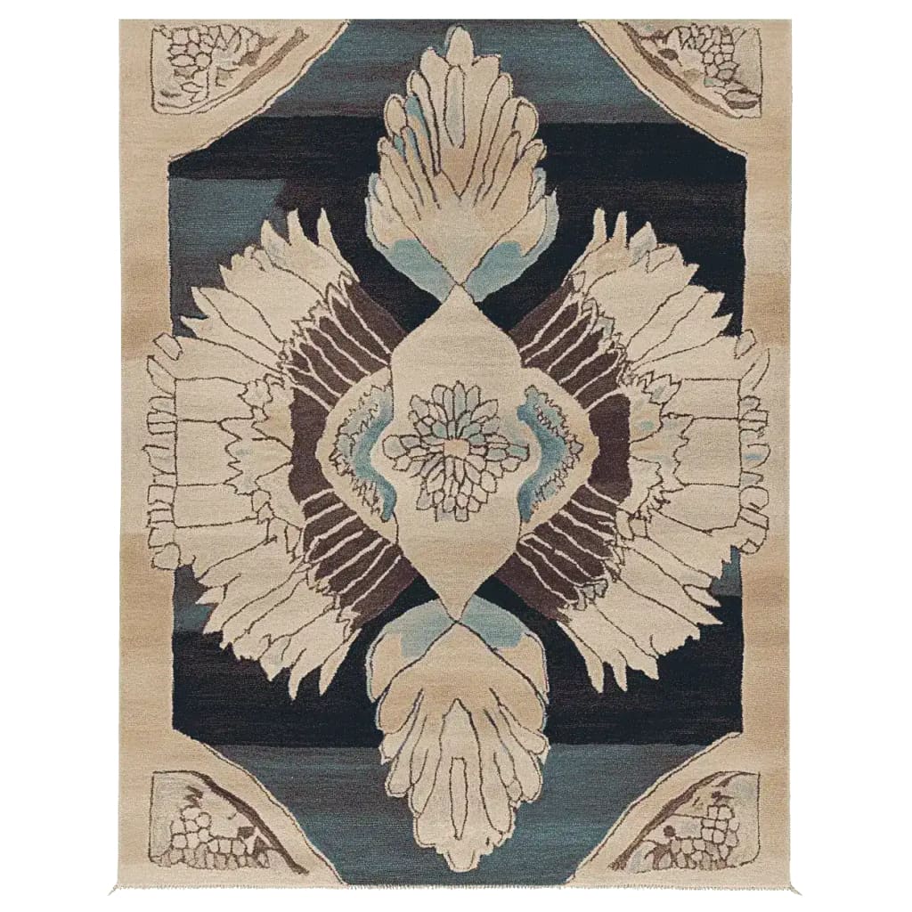 Top view of the Ornamental Winged Echo Hand Tufted Rug, featuring an intricate abstract design in neutral tones. This contemporary wool rug is ideal for adding a sophisticated touch to living room spaces. Perfect as a living room area rug, its 8x10 size offers ample coverage.