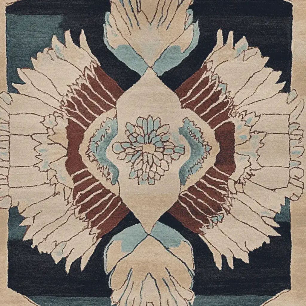 This Ornamental Winged Echo Hand Tufted Area Rug features a contemporary design with abstract floral and wing motifs. Crafted from high-quality wool, this living room area rug in 8x10 size showcases a blend of beige, teal, and brown hues, adding an elegant touch to modern interiors.