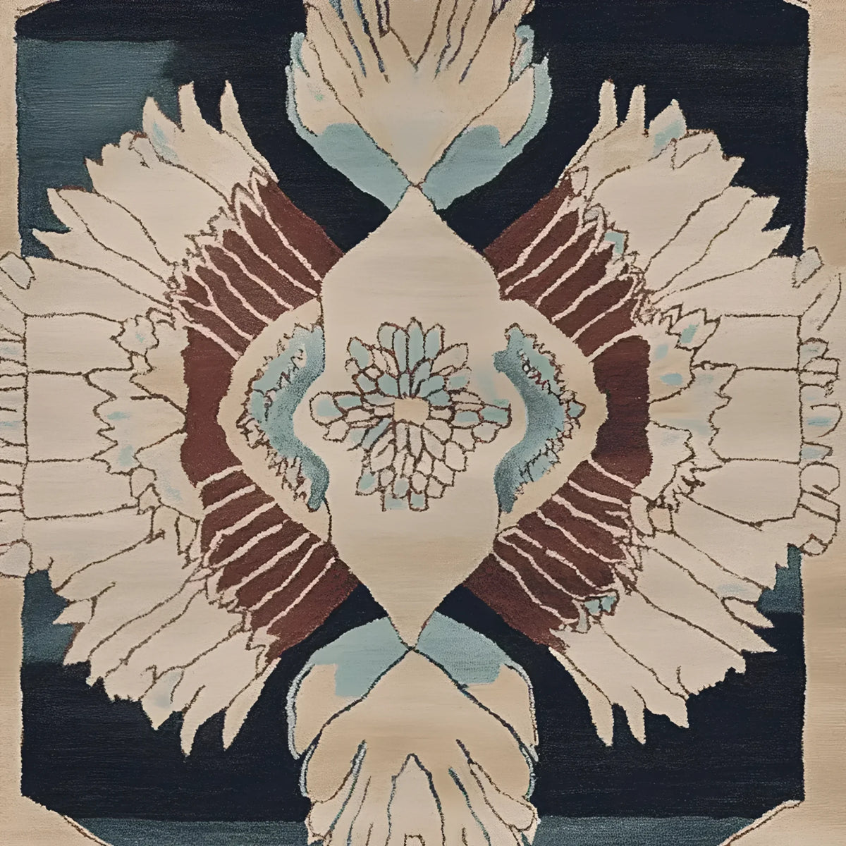 This Ornamental Winged Echo Hand Tufted Area Rug features a contemporary design with abstract floral and wing motifs. Crafted from high-quality wool, this living room area rug in 8x10 size showcases a blend of beige, teal, and brown hues, adding an elegant touch to modern interiors.