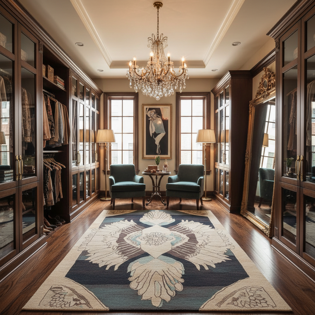 Luxurious room with wooden bookshelves, a chandelier, and a decorative rug.