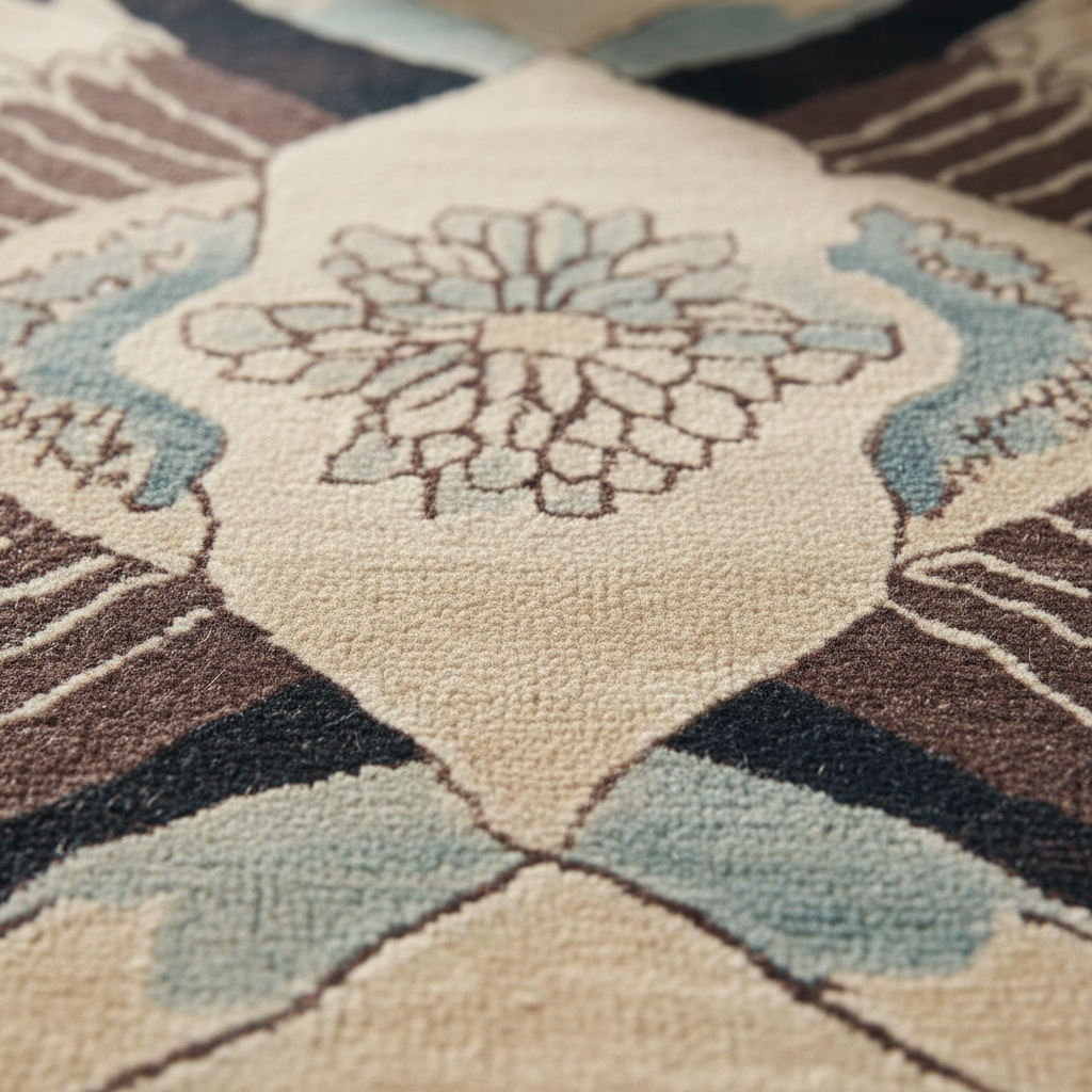 Close-up of a patterned rug with geometric design