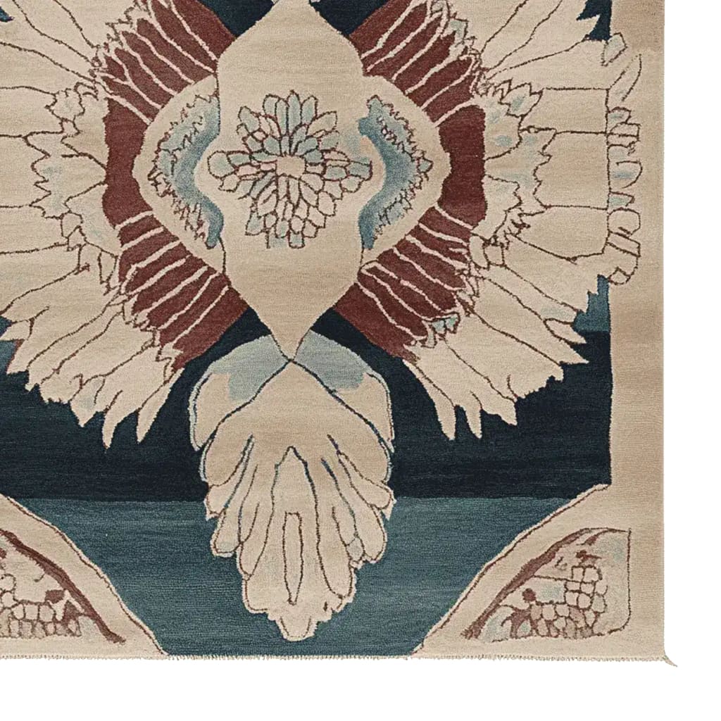 Top view of the Ornamental Winged Echo Hand Tufted Rug, showcasing an abstract design with earthy tones of cream, brown, and blue. This contemporary wool area rug adds a stylish touch to any living room, perfect for use as an 8x10 living room rug.