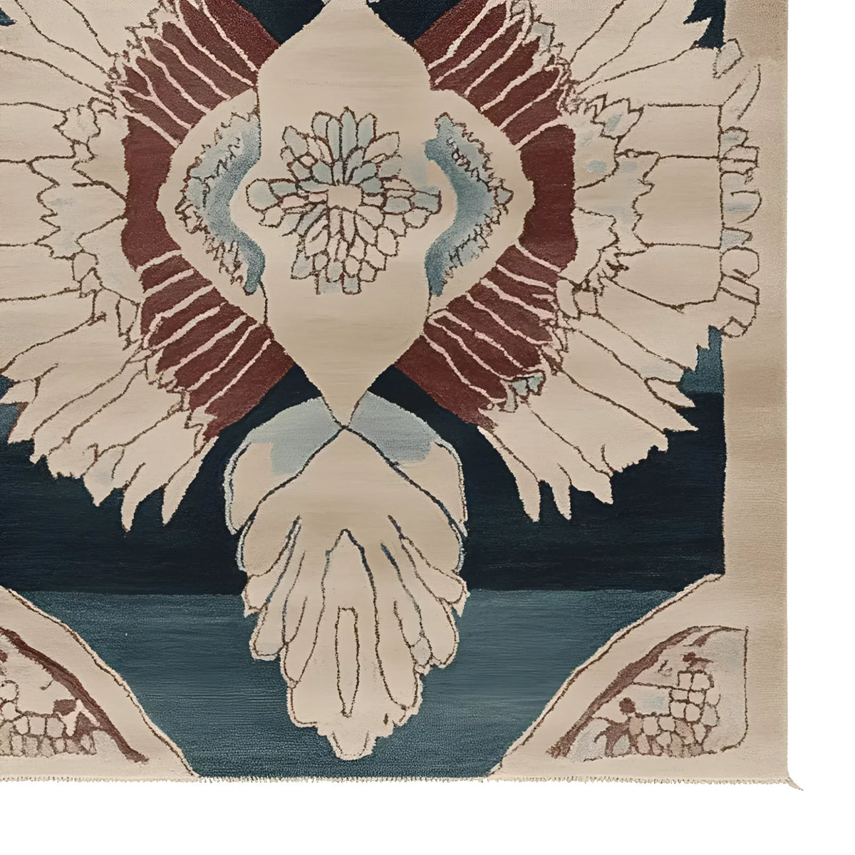 Top view of the Ornamental Winged Echo Hand Tufted Rug, showcasing an abstract design with earthy tones of cream, brown, and blue. This contemporary wool area rug adds a stylish touch to any living room, perfect for use as an 8x10 living room rug.