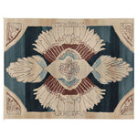 Top view of an Ornamental Winged Echo Hand Tufted Rug, showcasing its intricate design with floral patterns in beige and blue tones. This contemporary area rug is crafted from high-quality wool, perfect for adding a touch of elegance to living room spaces. Ideal as a living room rug in an 8x10 size, it blends style and comfort seamlessly.