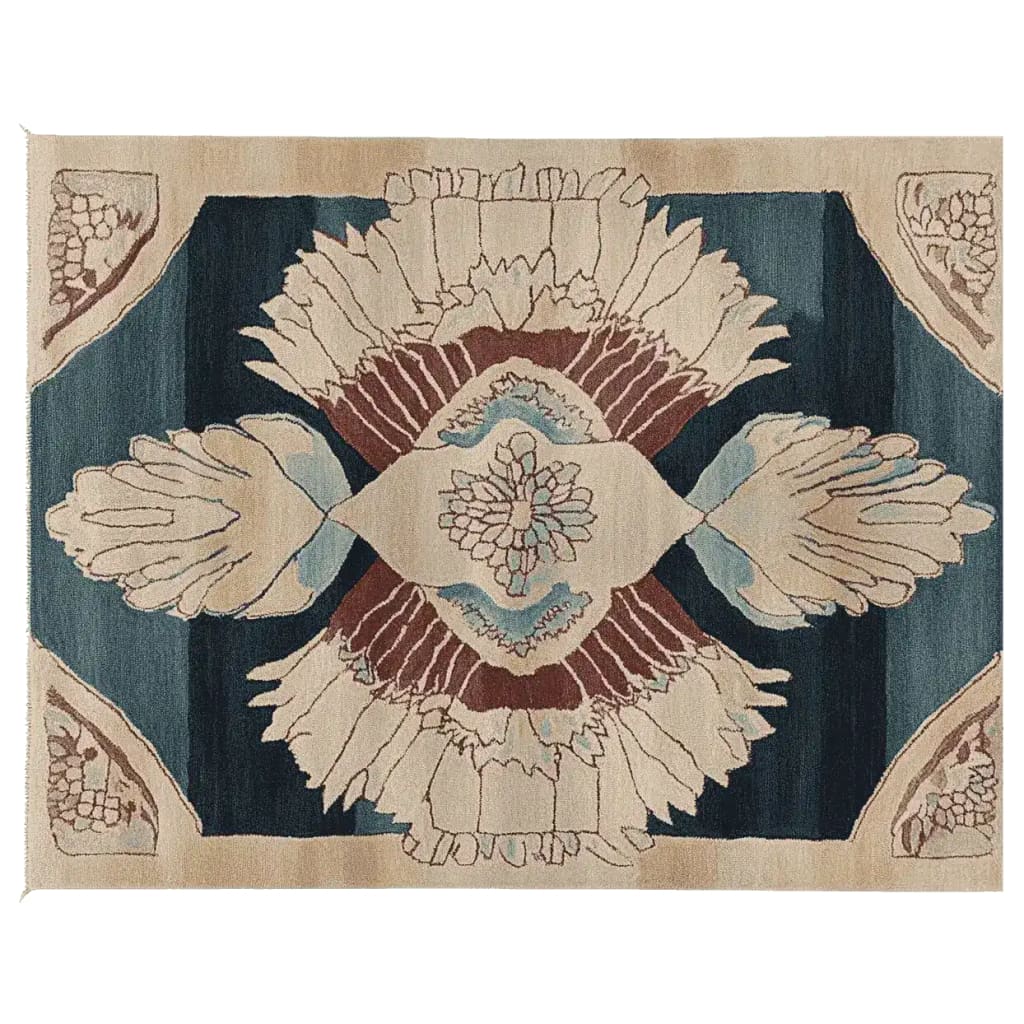 Top view of an Ornamental Winged Echo Hand Tufted Rug, showcasing its intricate design with floral patterns in beige and blue tones. This contemporary area rug is crafted from high-quality wool, perfect for adding a touch of elegance to living room spaces. Ideal as a living room rug in an 8x10 size, it blends style and comfort seamlessly.