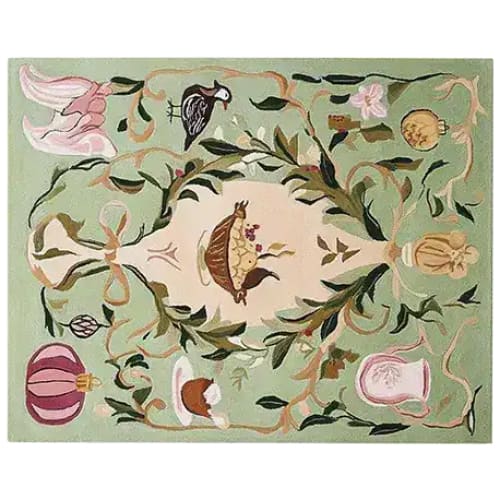 A beautifully designed area rug with intricate patterns featuring ornaments and offerings on a soft green background. This wool rug showcases elegant motifs ideal for large living room spaces, adding a touch of sophistication and style to any area. Perfect as an area rug for the living room, it combines artistry with comfort.