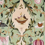 A beautifully detailed area rug showcasing an intricate design with floral motifs and offerings on a soft green background. This wool rug is perfect for large living room spaces, adding elegance and charm to your home decor. Ideal as an area rug for living room settings, bringing warmth and style to any space.