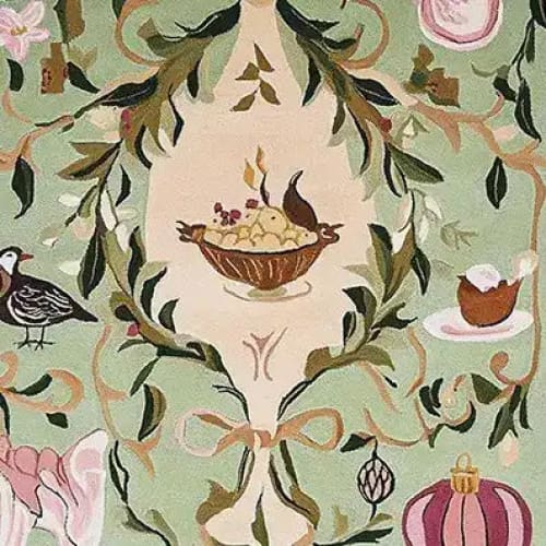 A beautifully detailed area rug showcasing an intricate design with floral motifs and offerings on a soft green background. This wool rug is perfect for large living room spaces, adding elegance and charm to your home decor. Ideal as an area rug for living room settings, bringing warmth and style to any space.