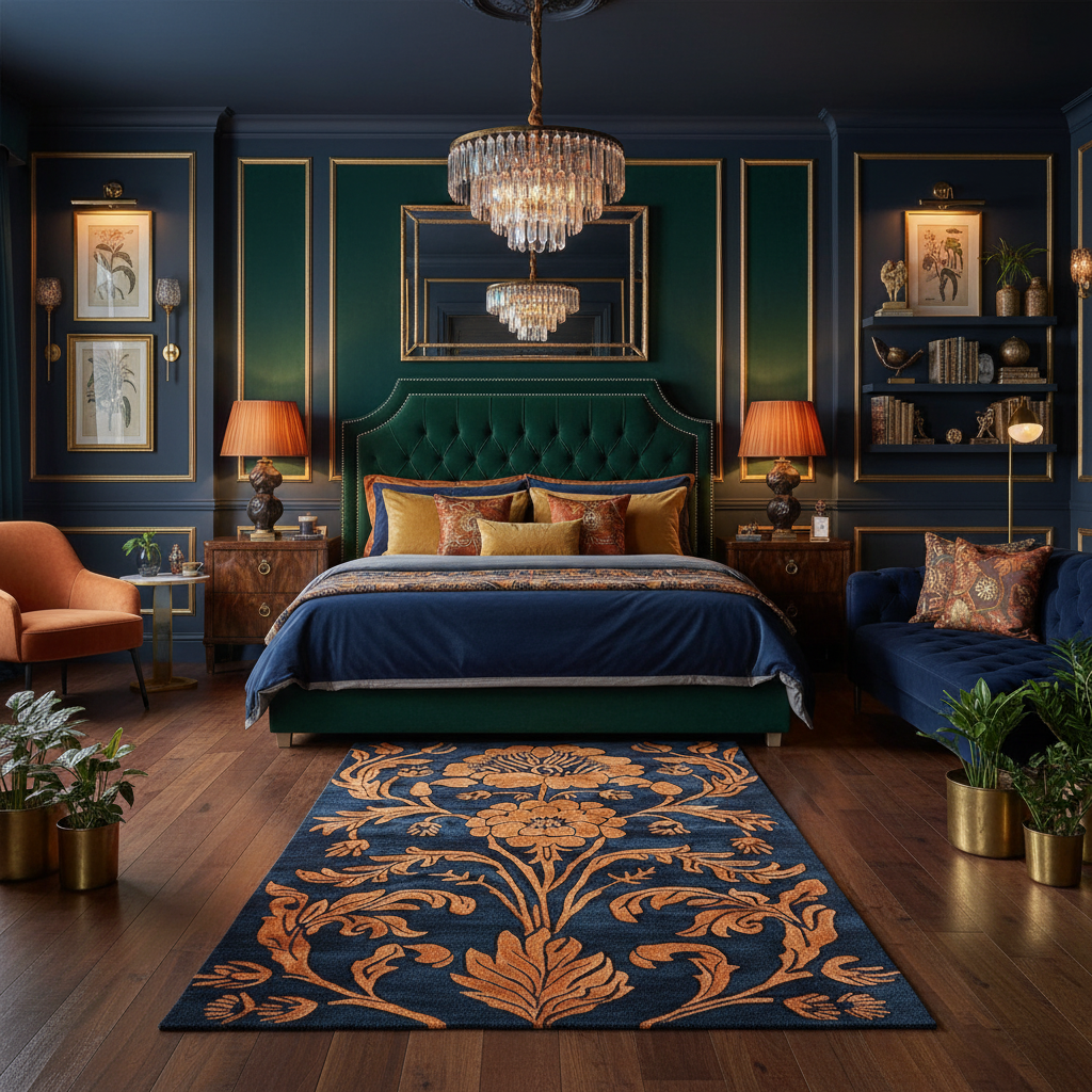 Luxurious bedroom with dark green walls, gold accents, a floral wool rug, and a large bed.