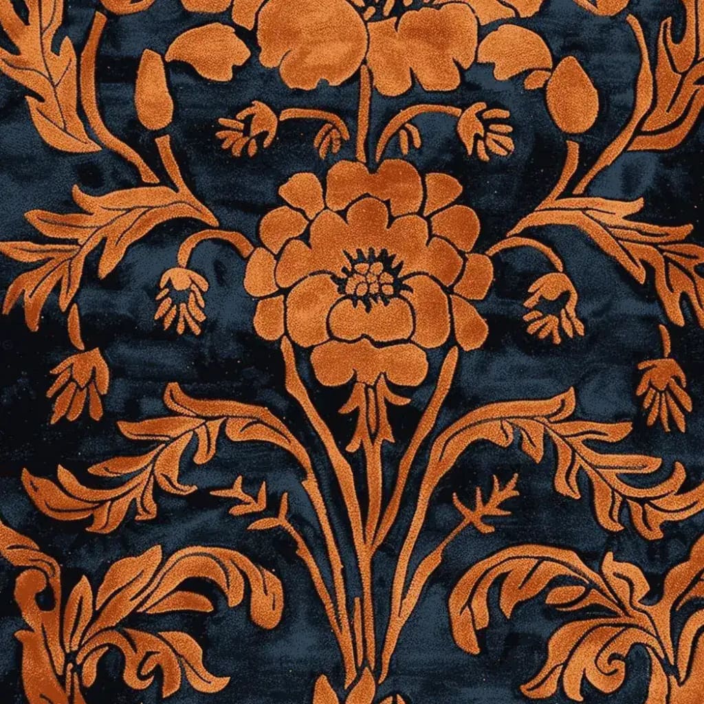 A close-up view of the Ornate Autumn Hand Tufted Rug, featuring intricate floral patterns in warm autumn hues. This exquisite wool area rug is perfect for large living rooms, offering a vintage charm with its rich textures and design. Ideal for an 8x10 living room setup, this rug adds a touch of elegance and warmth to any space.