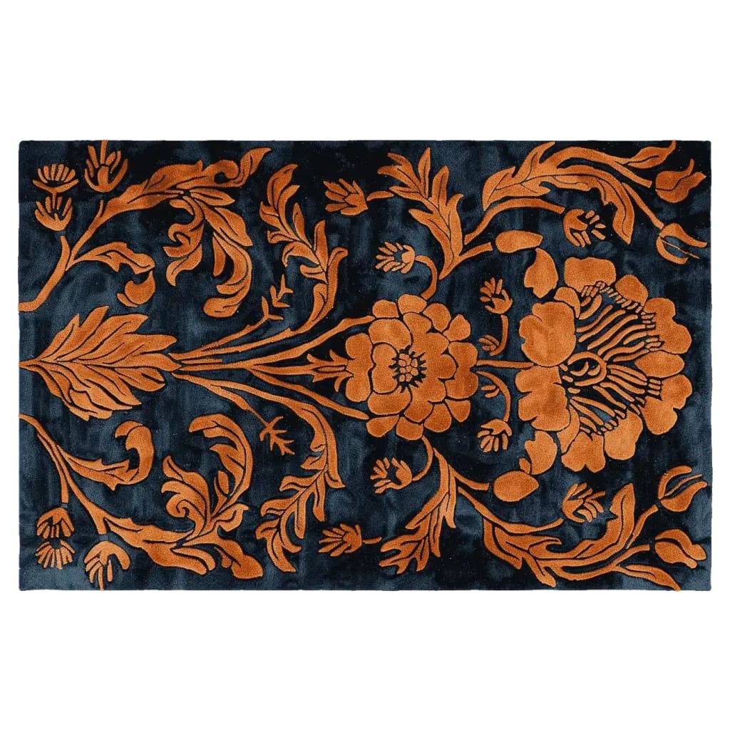 Beautifully intricate Ornate Autumn Hand Tufted Area Rug featuring an elegant floral design in warm orange hues on a deep black background. Perfect for large living room spaces, this wool rug measures 8x10, offering a vintage charm that enhances any decor.