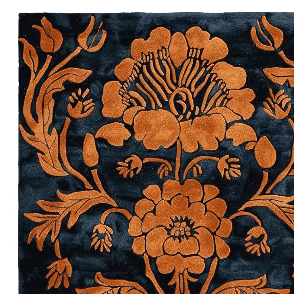 Close-up of an ornate autumn hand-tufted area rug featuring a bold floral pattern in warm earth tones on a dark background, perfect for large living room rugs. This wool rug, ideal for living room rugs 8x10, adds a vintage charm to any space.
