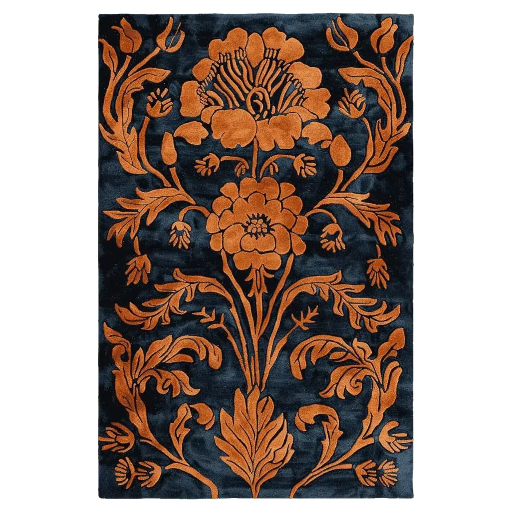 The Ornate Autumn Hand Tufted Area Rug showcases an elegant floral design in warm autumn hues on a dark background, perfect for adding a touch of vintage charm to large living rooms. This wool rug, ideal for living room spaces 8x10, combines traditional aesthetics with modern craftsmanship.