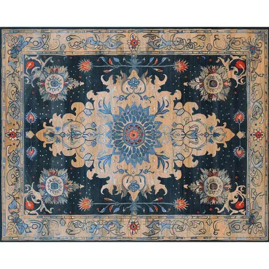 This image showcases the Ornate Blooms Hand Tufted Rug, an area rug perfect for a dining room. Its intricate floral design and vintage appeal make it an ideal dining table rug. Crafted from wool, this floral rug adds elegance to both living room and dining room spaces.