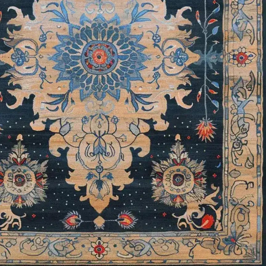 Close-up view of the Ornate Blooms Hand Tufted Rug showcasing its intricate floral design in rich blue and beige tones. This vintage-inspired wool area rug perfectly complements dining room and living room settings, ideal as a dining table rug.