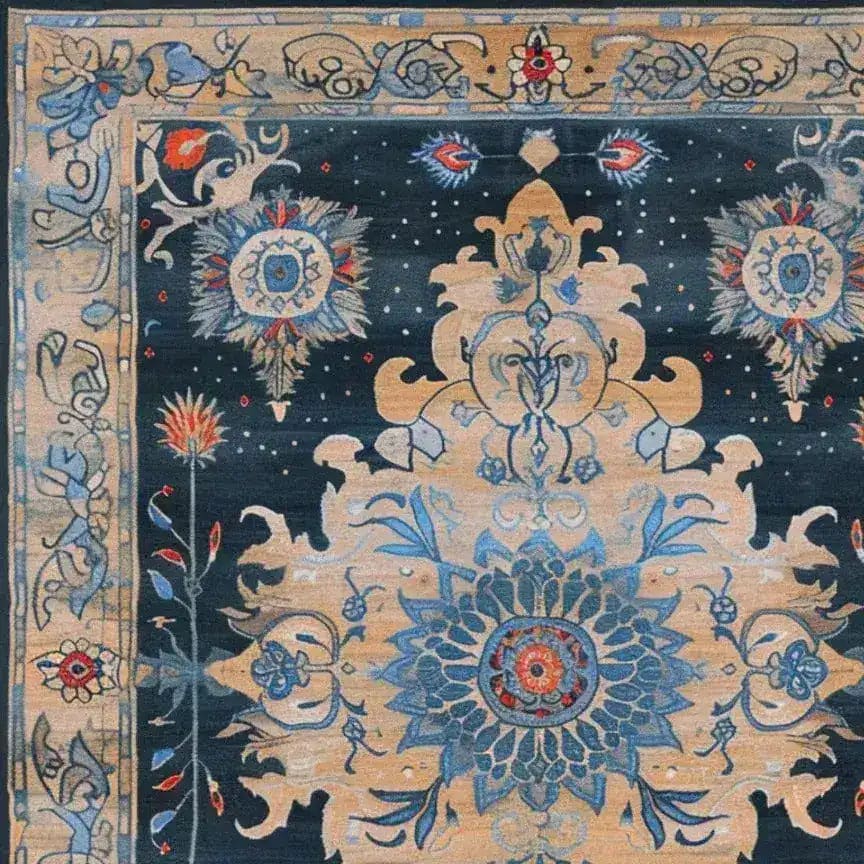 Discover the Ornate Blooms Hand Tufted Rug, a stunning area rug perfect for your dining room or living room. This floral rug features intricate vintage patterns in vibrant blues and earthy tones, made from high-quality wool. Ideal for enhancing the elegance of dining table settings and adding warmth to any space.