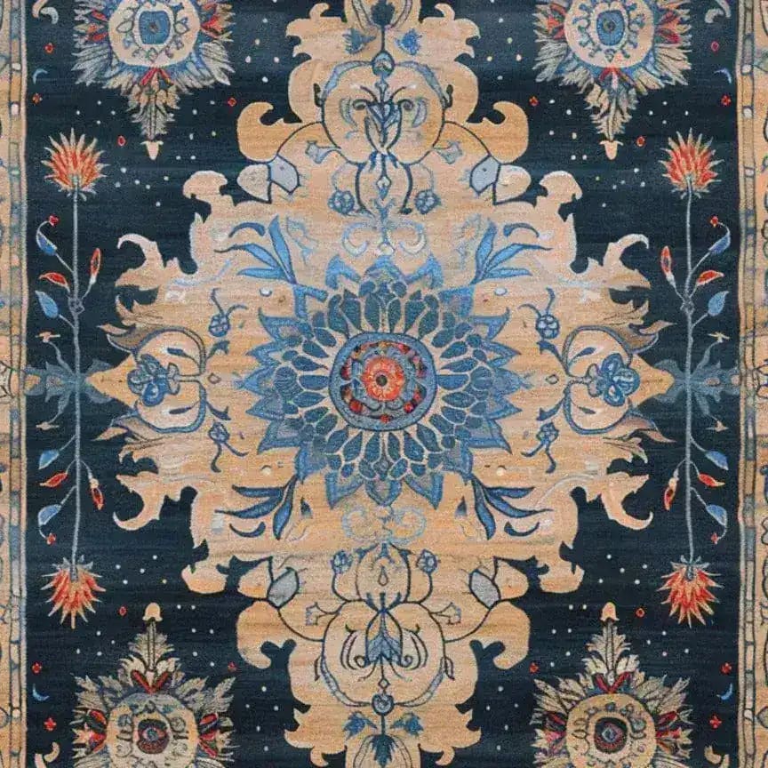 A beautifully detailed area rug featuring a vintage floral pattern with intricate designs in blue and beige tones. Perfect as a dining table rug or a wool rug for the dining room, this ornate blooms hand tufted rug adds a touch of elegance to both living room and dining room spaces.