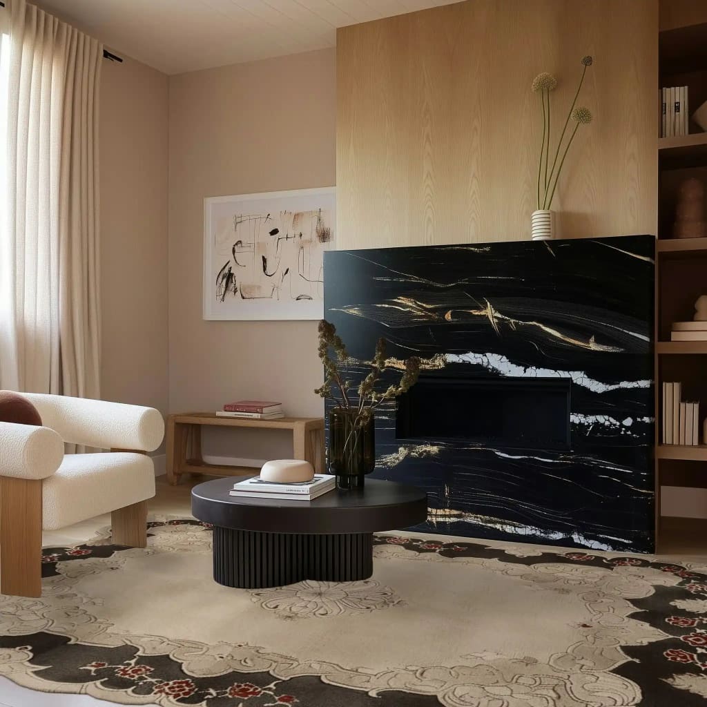 A beautifully styled living room featuring an Ornate Echo Hand Tufted Area Rug, adding elegance and warmth to the space. This wool rug, with its vintage-inspired design, is perfect for large living rooms seeking a touch of sophistication. The rug's intricate patterns complement the modern decor, making it an ideal choice for those looking for living room area rugs that combine style and comfort.