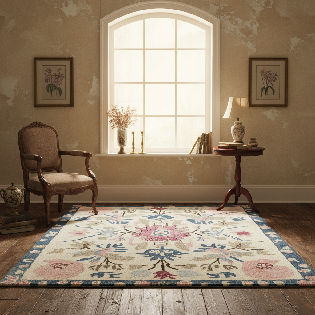 Living room with a floral rug, chair, and lamp near a large window.