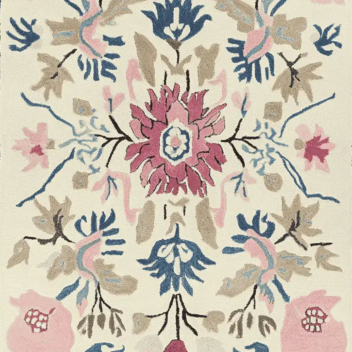 This hand-tufted wool rug features an intricate floral design with vibrant pink, blue, and beige hues. Perfect for adding a touch of elegance to any living room, this large area rug combines beauty and functionality. Ideal for those searching for living room area rugs that offer both comfort and style.