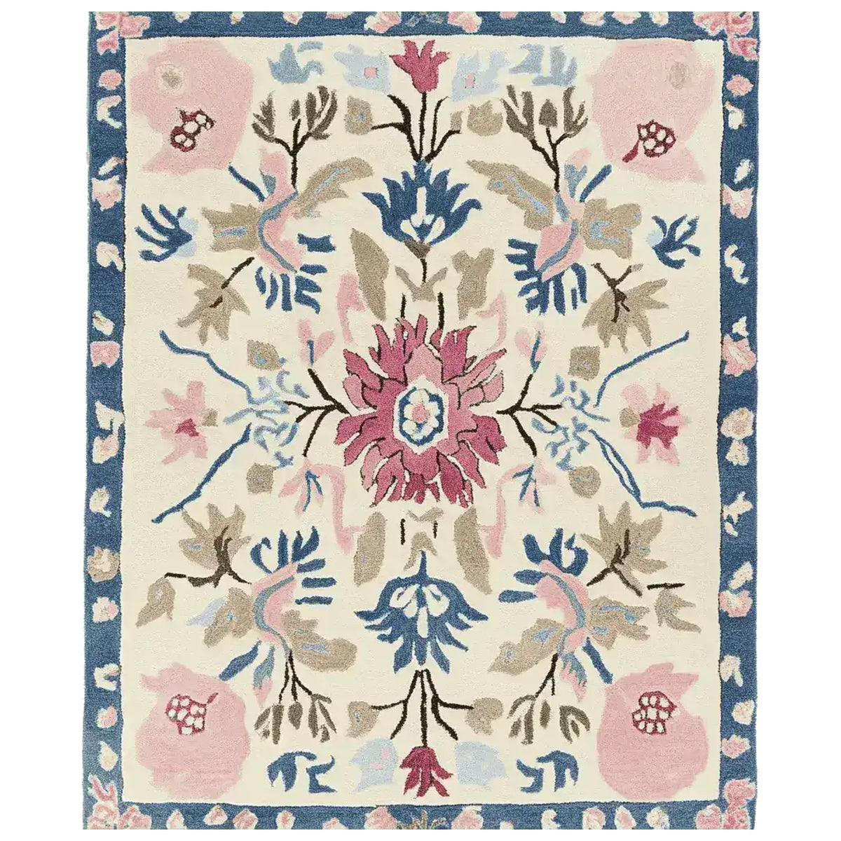 A beautifully crafted ornate flora fringe hand-tufted area rug, showcasing an intricate floral design with vibrant pink, blue, and beige hues. Perfect for adding elegance to living room area rugs. This wool rug is ideal for those seeking large living room rugs with a touch of nature-inspired charm.
