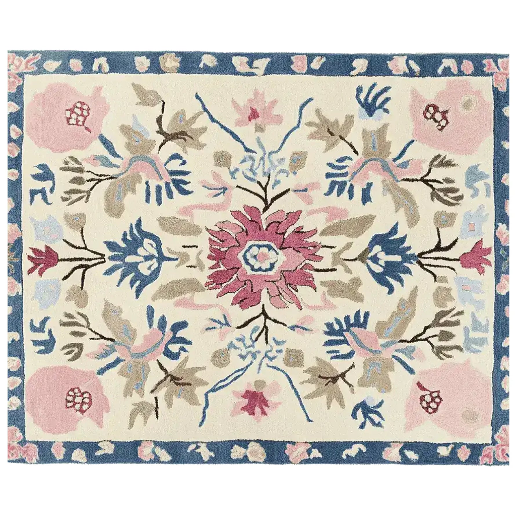 This stunning area rug features an ornate floral design with vibrant pink and blue flowers on a soft cream background, perfect for enhancing any living room. The hand-tufted wool rug combines elegance and warmth, making it an ideal choice for large living room rugs.