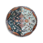 Ornate Floral and Geometric Floor Pillow showing dark-teal and seafoam floral halves with terracotta rope border, flat overhead white background