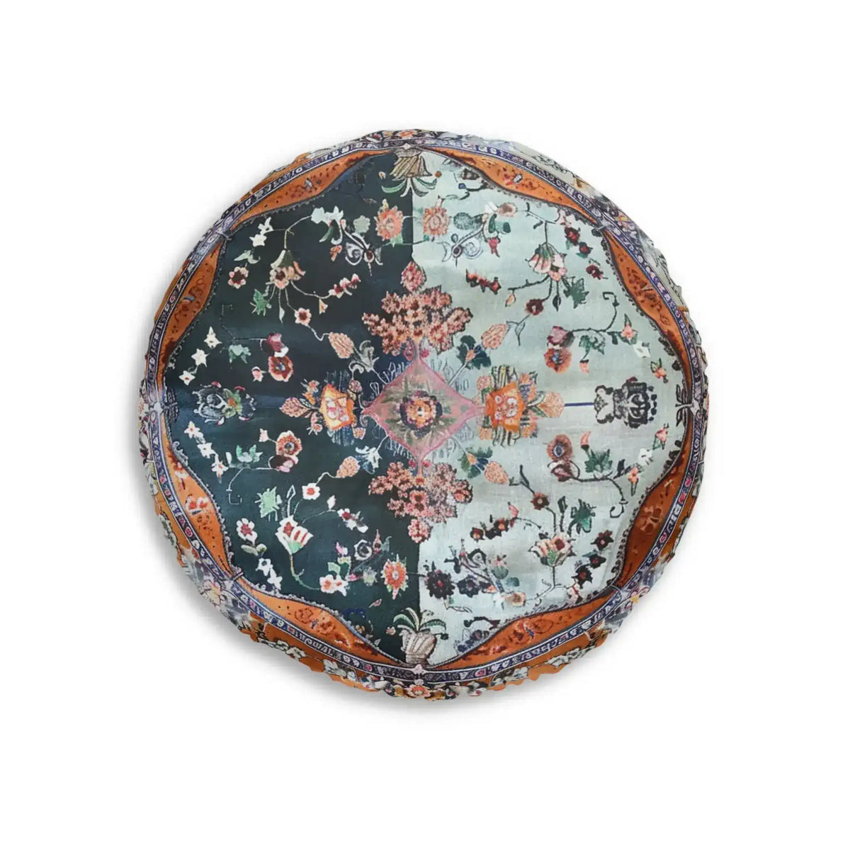 Ornate Floral and Geometric Floor Pillow with split dark-navy and light-blue floral sections and copper border, overhead white background view