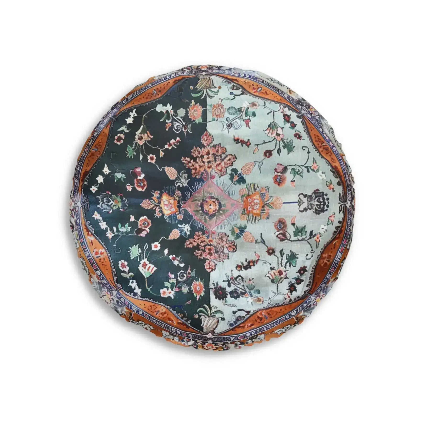 Ornate Floral and Geometric Floor Pillow with split dark-navy and light-blue floral sections and copper border, overhead white background view