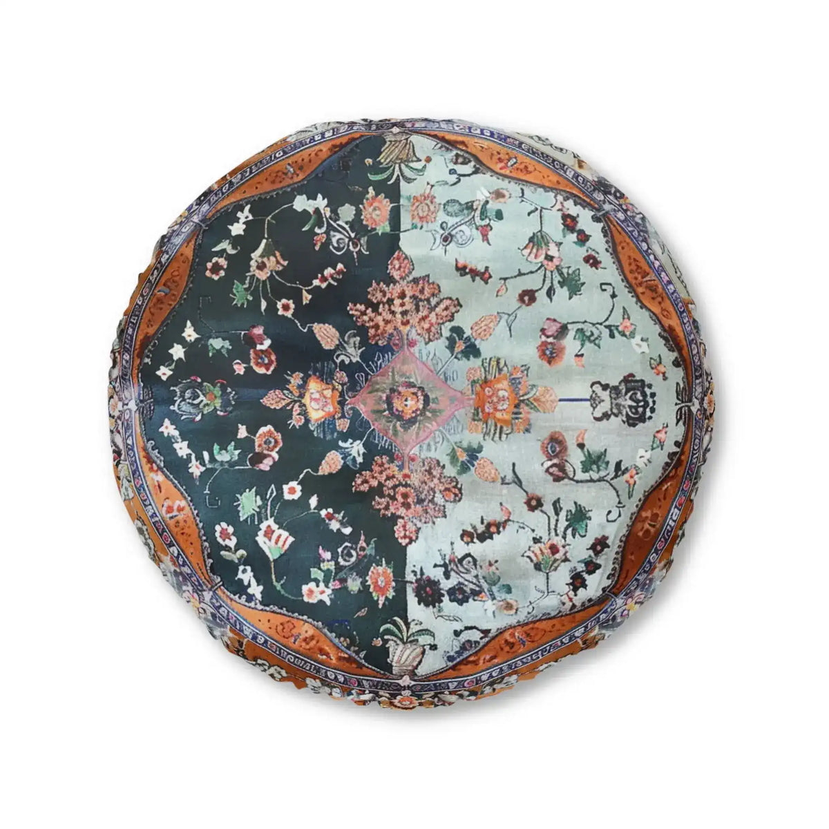 Ornate Floral and Geometric Floor Pillow with split dark-teal and light-teal floral panel and copper rope border, overhead on black background