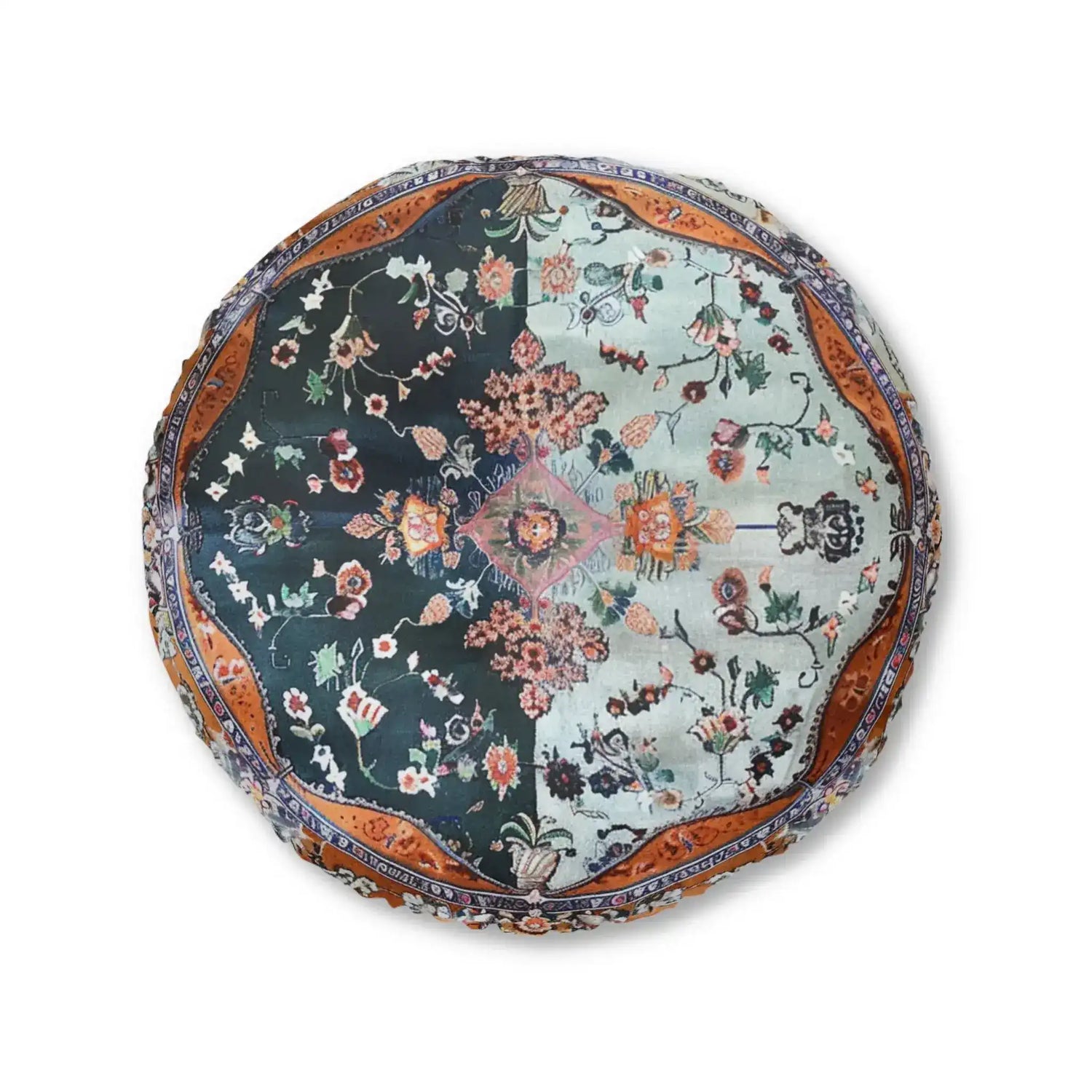Ornate Floral and Geometric Floor Pillow with split dark-teal and light-teal floral panel and copper rope border, overhead on black background