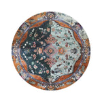 Ornate Floral and Geometric round rug flat view: dark teal and mint split medallion with coral-orange border and scattered floral motifs