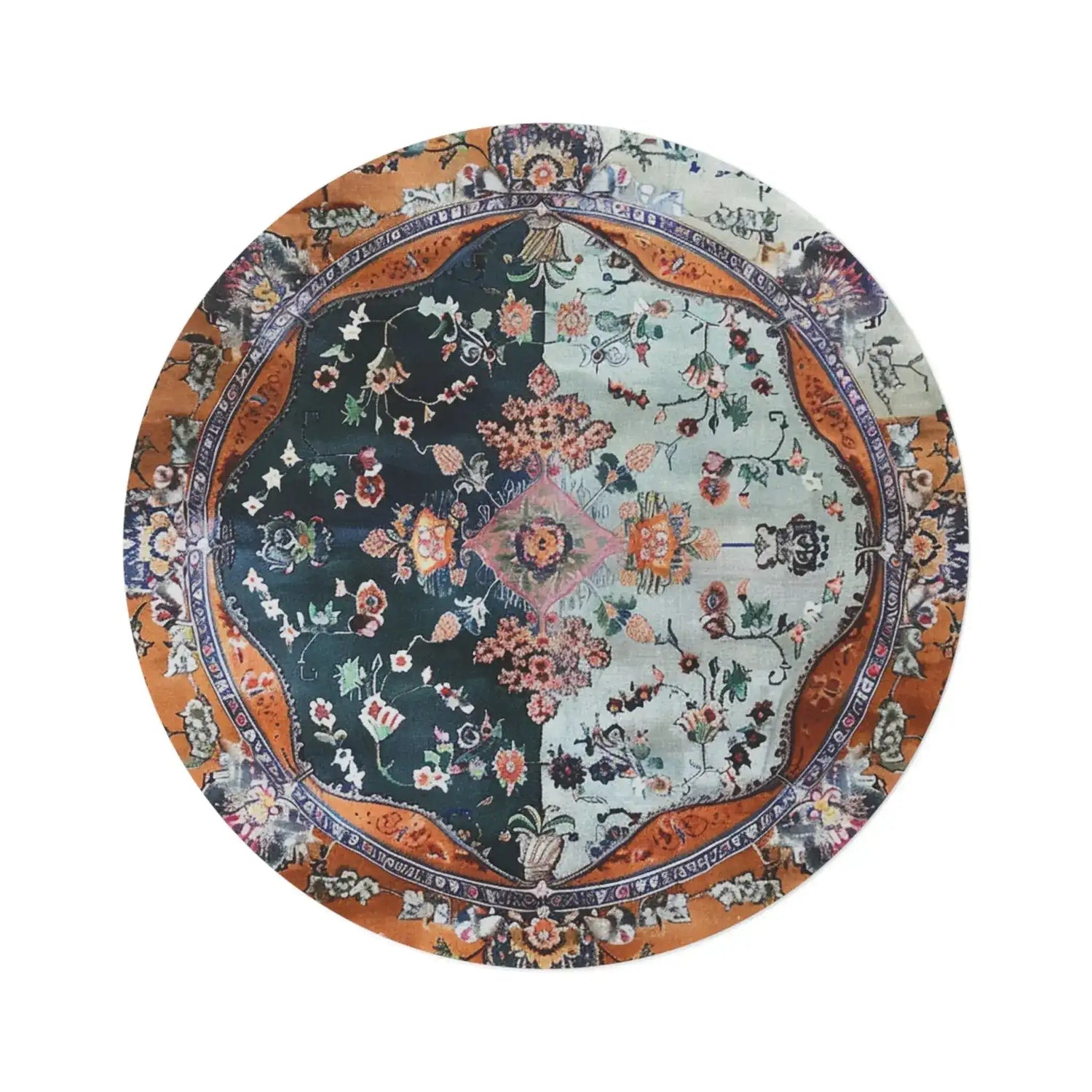 Ornate Floral and Geometric round rug flat view: dark teal and mint split medallion with coral-orange border and scattered floral motifs