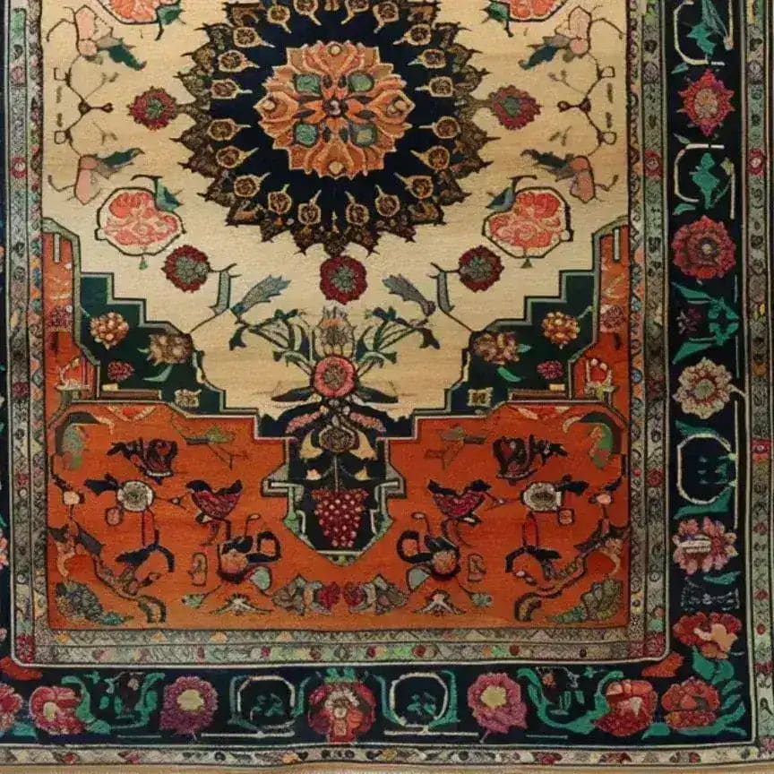 A beautifully detailed ornate floral crest hand-knotted area rug, featuring a rich blend of colors and intricate patterns. This large vintage rug is perfect for adding a touch of elegance to your living room. The design reflects traditional Persian rugs, with a vibrant central medallion surrounded by floral motifs and geometric borders.