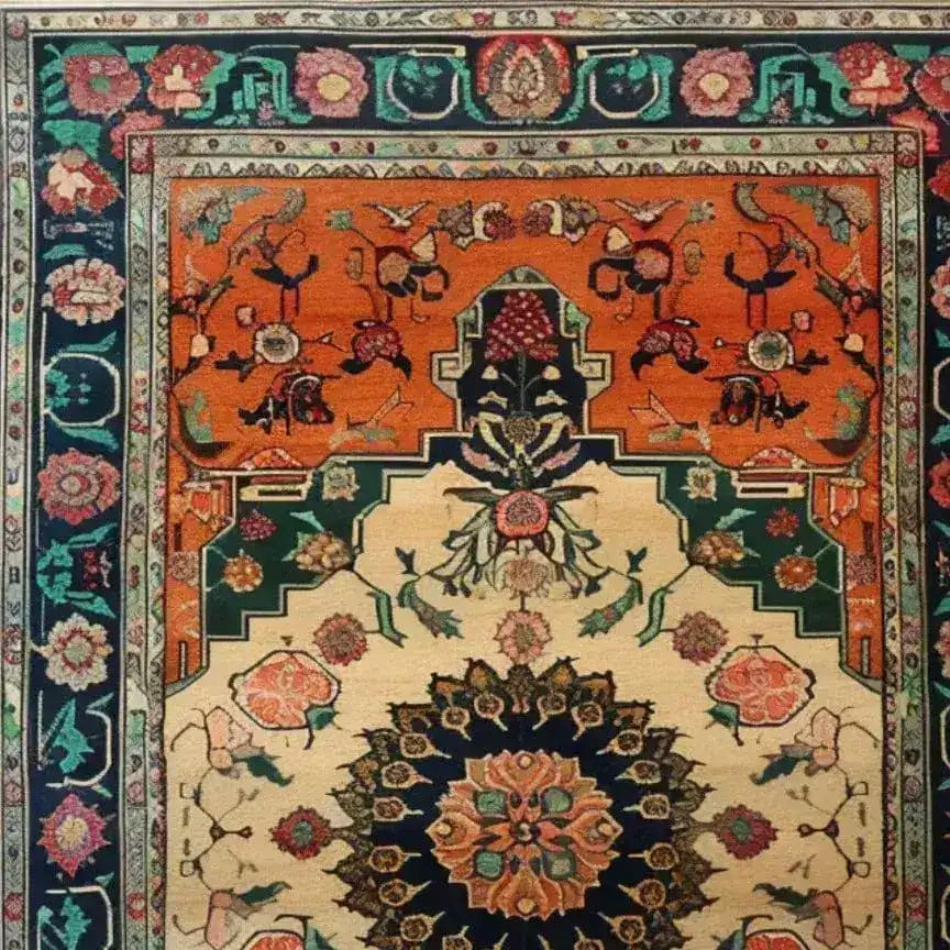 This ornate floral crest hand-knotted area rug features an intricate design with bold colors, perfect for adding a touch of elegance to any living space. The vintage rug showcases a stunning combination of floral patterns and rich hues, making it an ideal choice for large living room rugs or as a standout piece among Persian rugs.