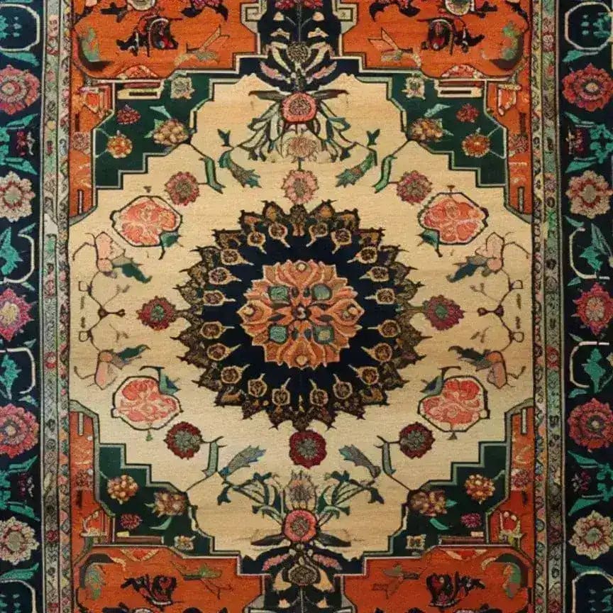 A beautifully ornate floral crest hand knotted area rug featuring intricate patterns and vibrant colors. This vintage rug, ideal for large living rooms, showcases traditional Persian rug designs, enhancing any space with its timeless elegance.