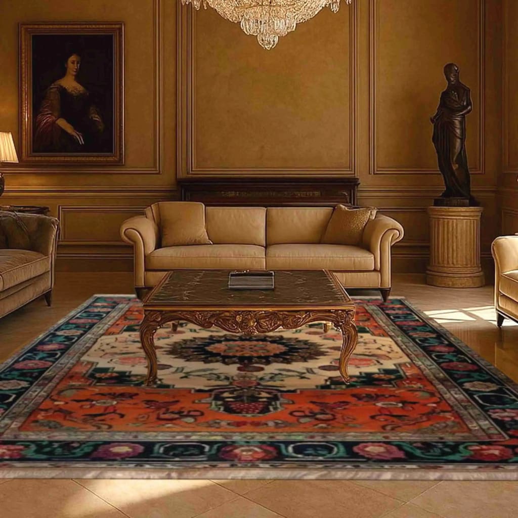 Luxurious living room featuring an ornate floral crest hand-knotted area rug with vibrant colors and intricate vintage design, perfect as a large living room rug. This Persian-style rug adds elegance and warmth to the classic room decor.