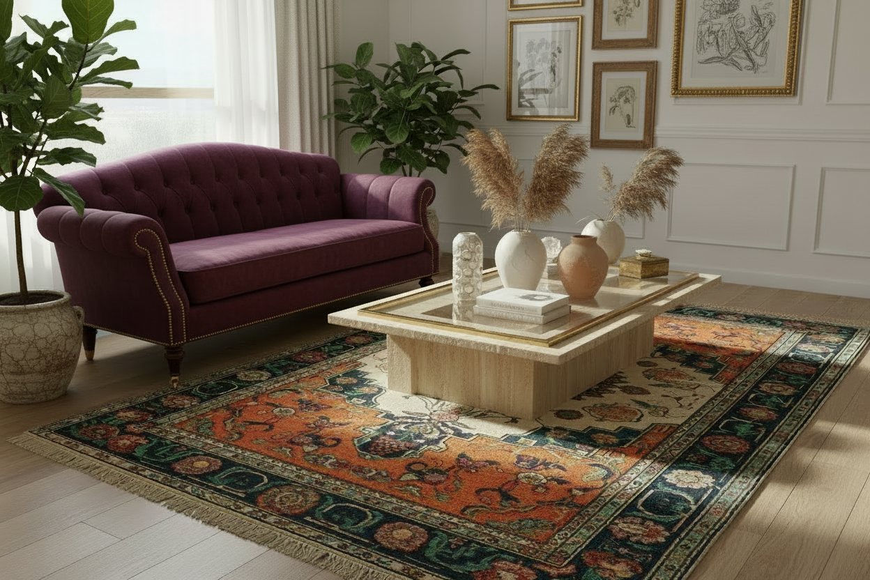 Living room with a purple sofa, coffee table, and decorative rug.