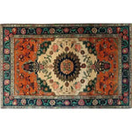 A beautifully ornate floral crest hand-knotted area rug showcasing a vibrant vintage design. This Persian rug features an intricate central medallion surrounded by rich, colorful patterns, making it an ideal choice for large living room spaces.