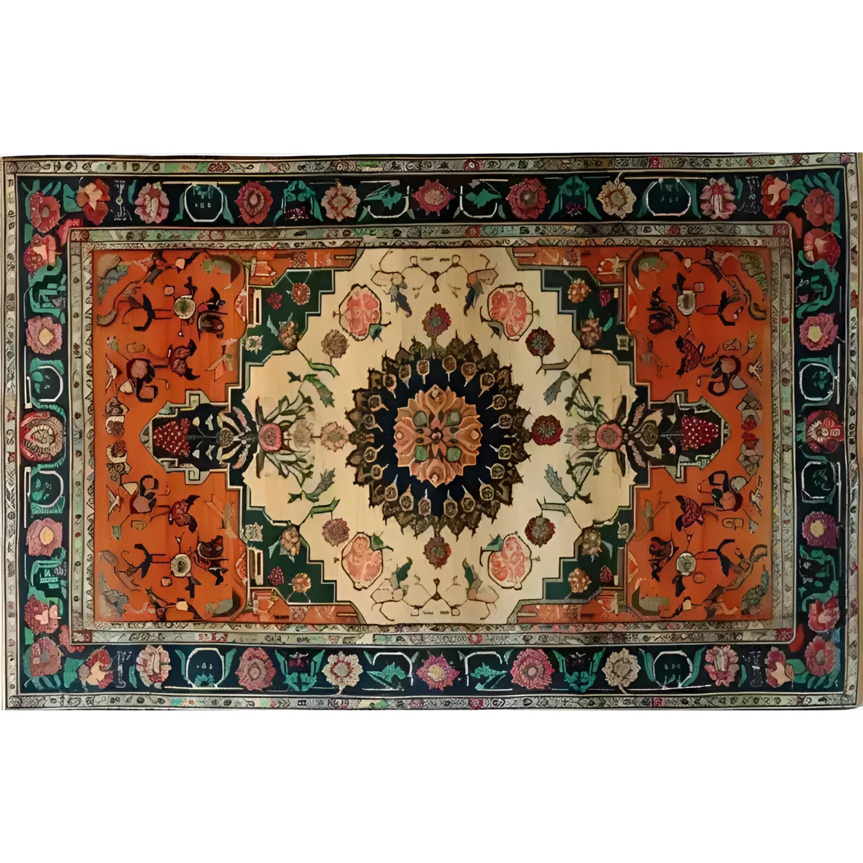 A beautifully ornate floral crest hand-knotted area rug showcasing a vibrant vintage design. This Persian rug features an intricate central medallion surrounded by rich, colorful patterns, making it an ideal choice for large living room spaces.