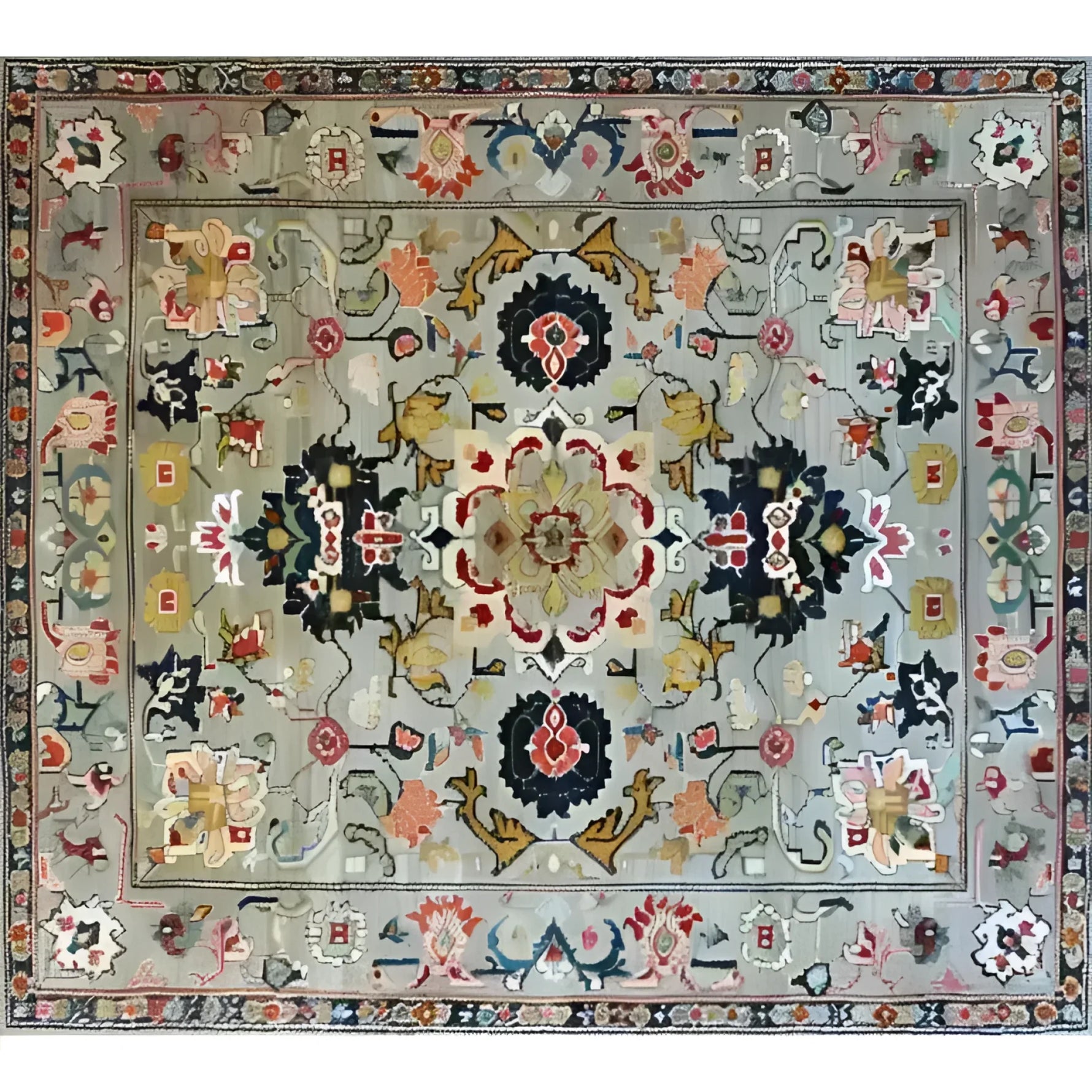 This ornate floral wool area rug showcases a harmonious blend of vintage and Persian-inspired designs, perfect for dining rooms or bedrooms. The hand-knotted viscose and wool create a luxurious feel, making it an ideal choice for a formal dining room or as a centerpiece in rugs for bedrooms.
