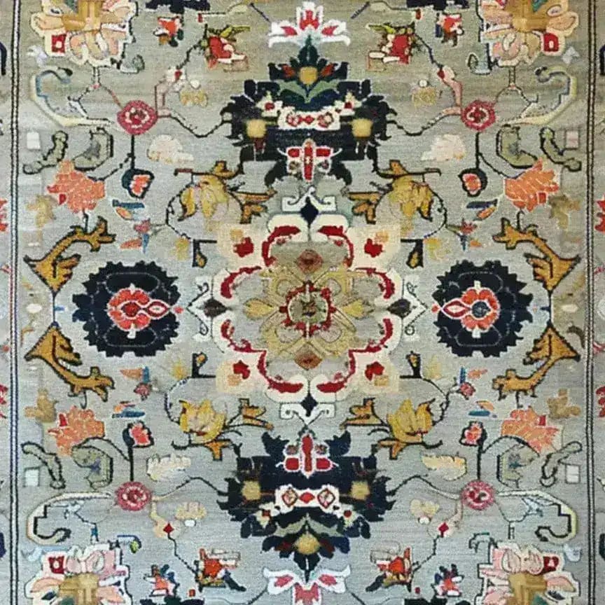 This image showcases an Ornate Floral Harmony Hard Viscose Hand Knotted Wool Rug, perfect for adding a touch of elegance to your dining room or bedroom. The vintage rug features intricate Persian-inspired designs in vibrant colors, making it an ideal choice for formal dining room rugs or as an exquisite wool rug for the bedroom.