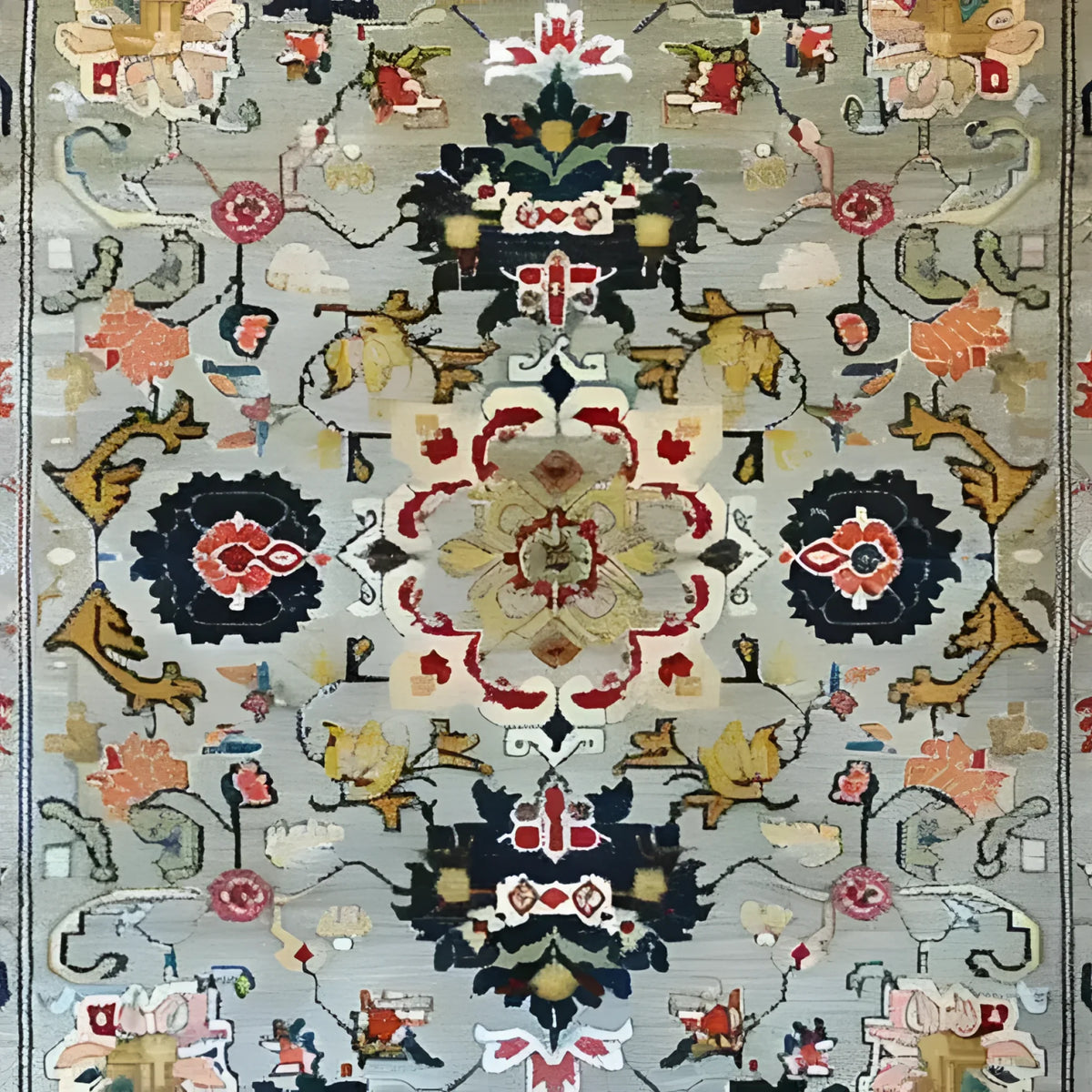 This image showcases an Ornate Floral Harmony Hard Viscose Hand Knotted Wool Rug, perfect for adding a touch of elegance to your dining room or bedroom. The vintage rug features intricate Persian-inspired designs in vibrant colors, making it an ideal choice for formal dining room rugs or as an exquisite wool rug for the bedroom.