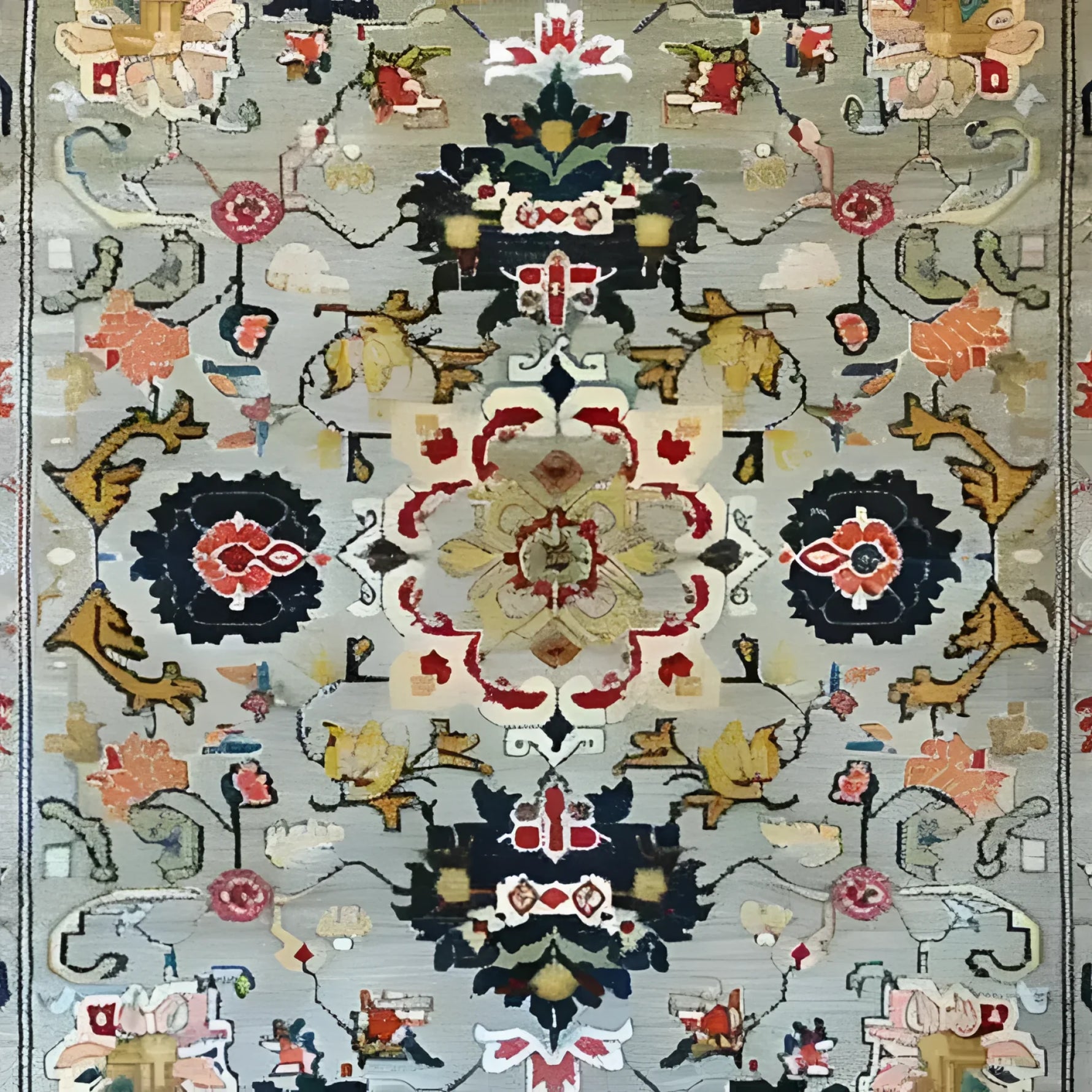 This image showcases an Ornate Floral Harmony Hard Viscose Hand Knotted Wool Rug, perfect for adding a touch of elegance to your dining room or bedroom. The vintage rug features intricate Persian-inspired designs in vibrant colors, making it an ideal choice for formal dining room rugs or as an exquisite wool rug for the bedroom.