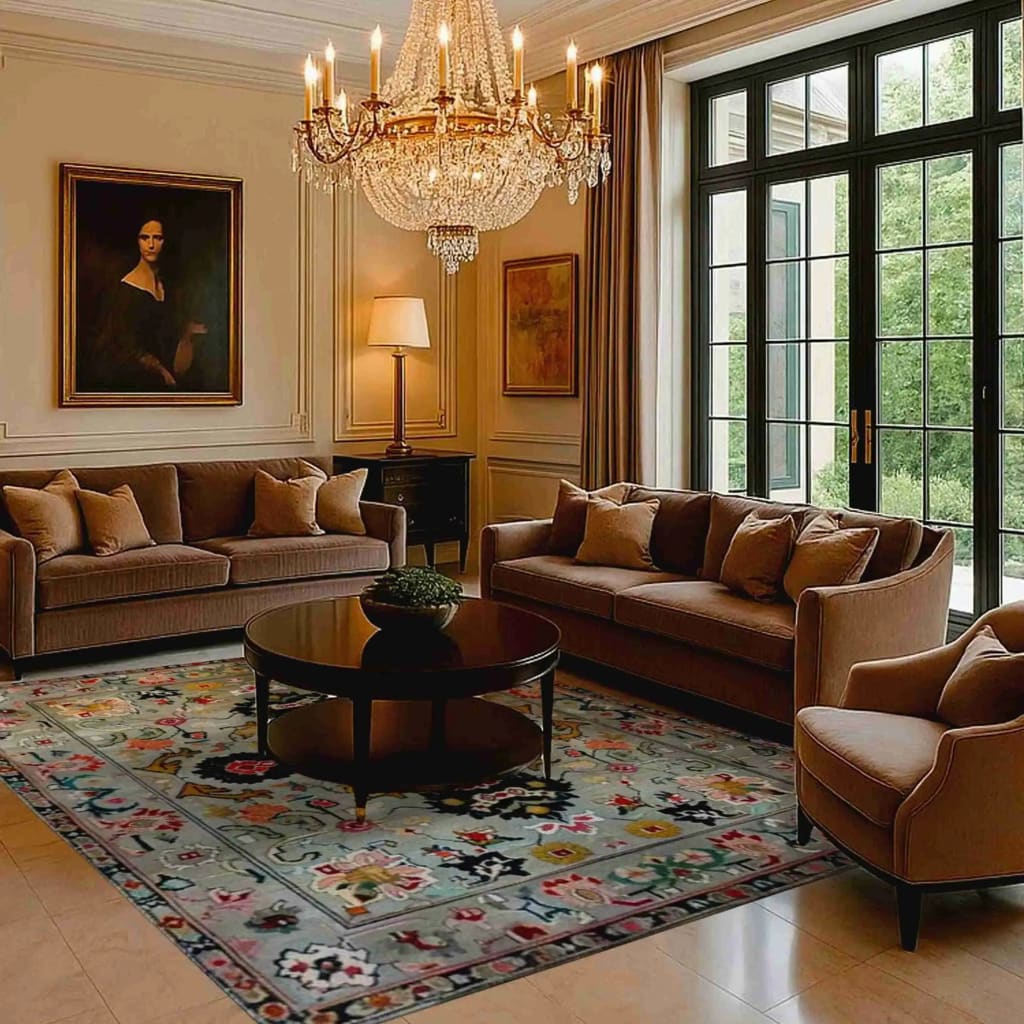 Elegant living room featuring an Ornate Floral Harmony Hard Viscose Hand Knotted Wool Rug. The area rug showcases a vintage design with intricate patterns and vibrant colors, perfect for dining rooms or bedrooms. This Persian-style wool rug adds a touch of sophistication, ideal for formal dining room settings and as a centerpiece in a cozy bedroom.