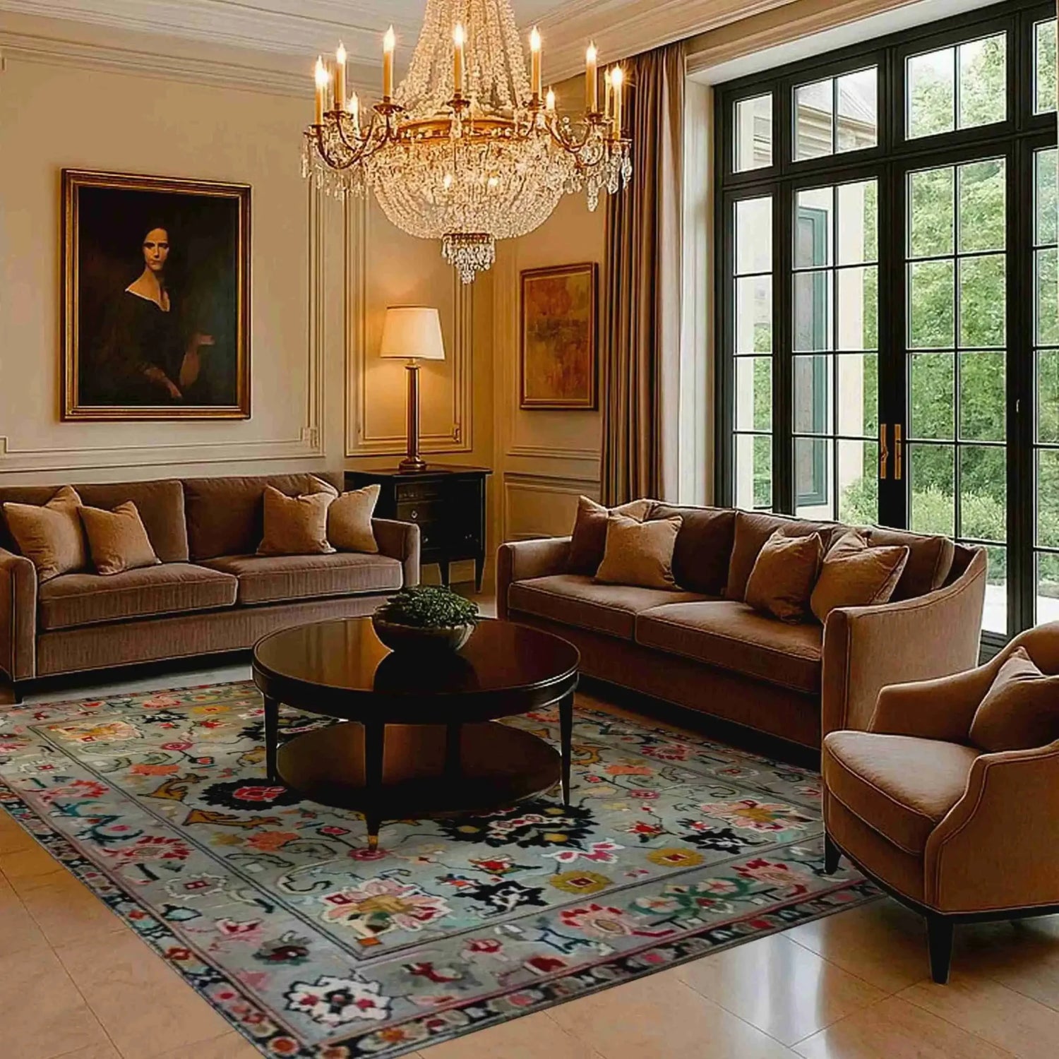 Elegant living room featuring an Ornate Floral Harmony Hard Viscose Hand Knotted Wool Rug. The area rug showcases a vintage design with intricate patterns and vibrant colors, perfect for dining rooms or bedrooms. This Persian-style wool rug adds a touch of sophistication, ideal for formal dining room settings and as a centerpiece in a cozy bedroom.