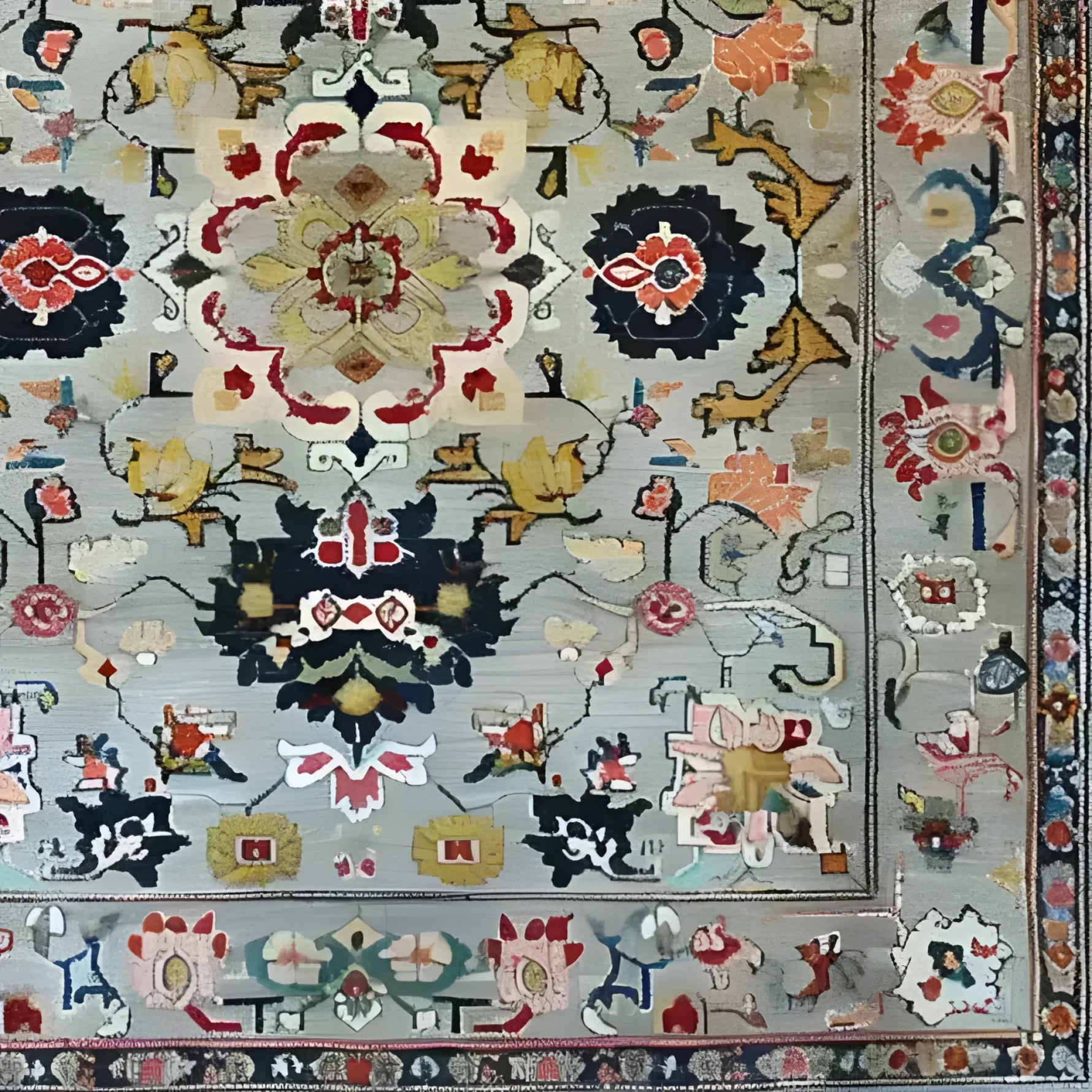 Intricately designed ornate floral harmony area rug, hand-knotted with viscose and wool, showcasing vibrant vintage patterns. Perfect for adding a touch of elegance to a dining room or bedroom. This Persian-style wool rug combines traditional motifs with modern flair, ideal for formal dining room settings or cozy bedroom retreats.