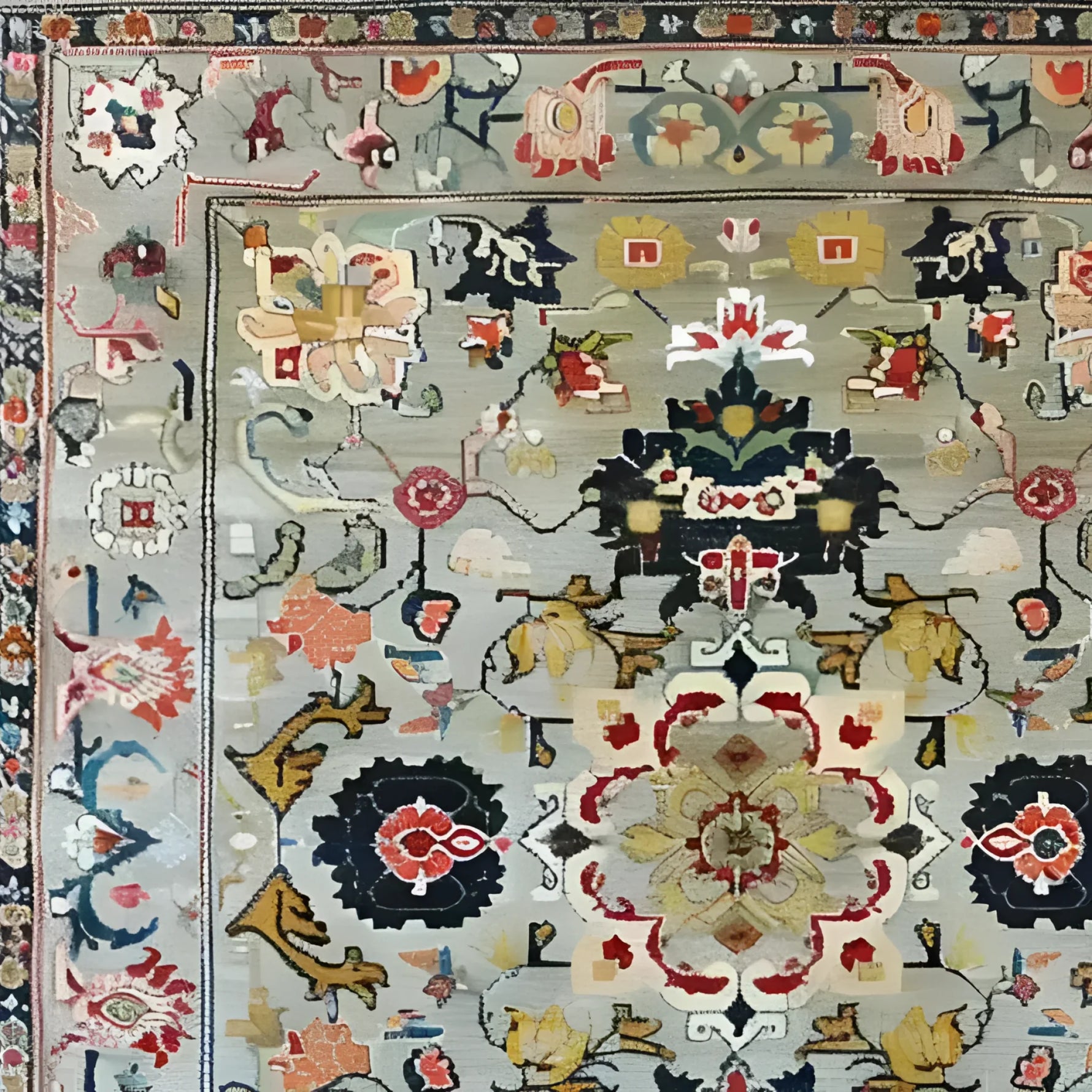 Ornate Floral Harmony Hand Knotted Wool Rug featuring intricate vintage patterns in rich colors, perfect for adding a touch of elegance to dining rooms and bedrooms. This area rug showcases a Persian-inspired design ideal for formal dining room settings and enhancing bedroom aesthetics.